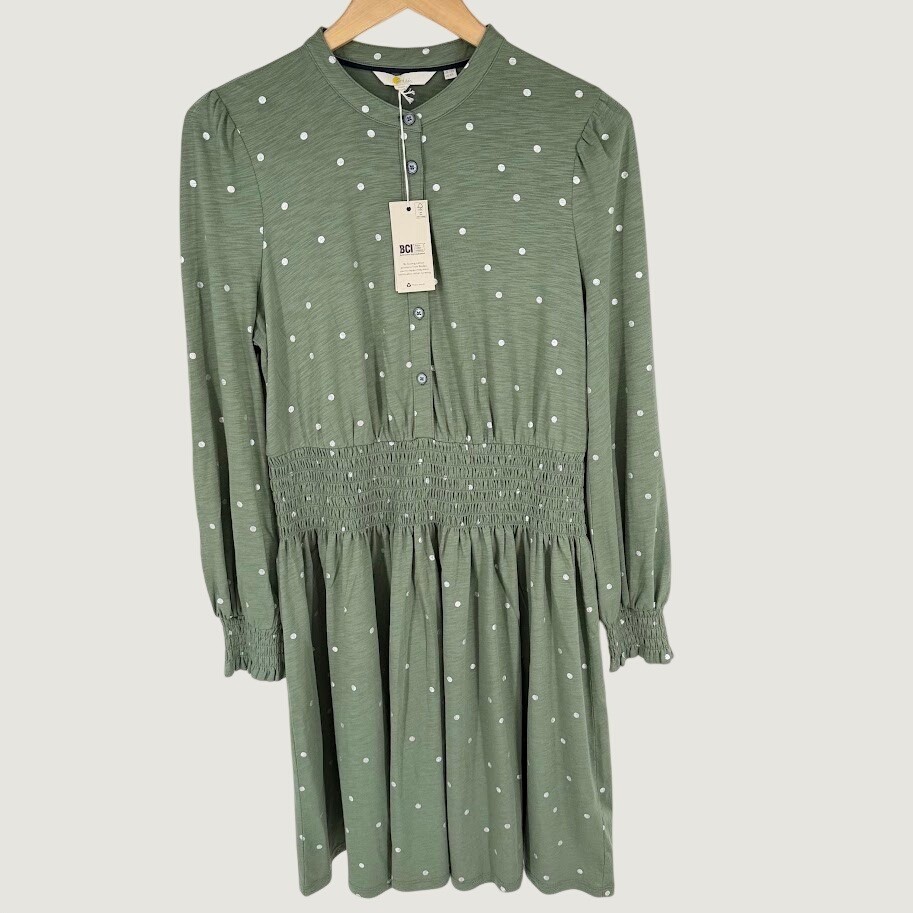 NEW Boden Smocked Jersey Shirt Dress Size 8R Green Metallic Polka Dot Modest