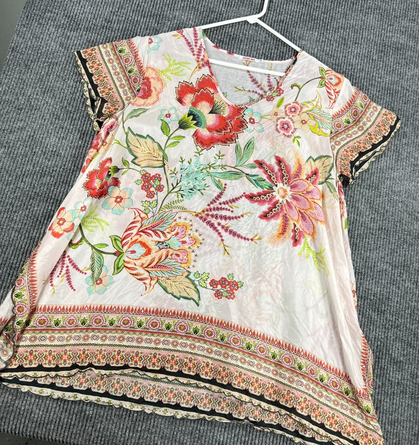 Johnny Was Top Blouse Womens Size Large White Floral Short Sleeve Lightweight