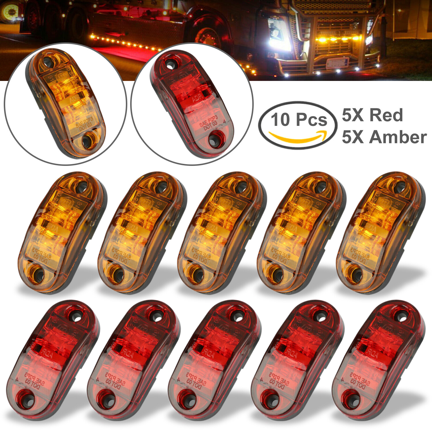 5pc Amber 5pc Red LED Car Truck Trailer RV Oval 2.5\ 5pc Amber 5pc Red LED Car Truck Trailer RV Oval 2.5\