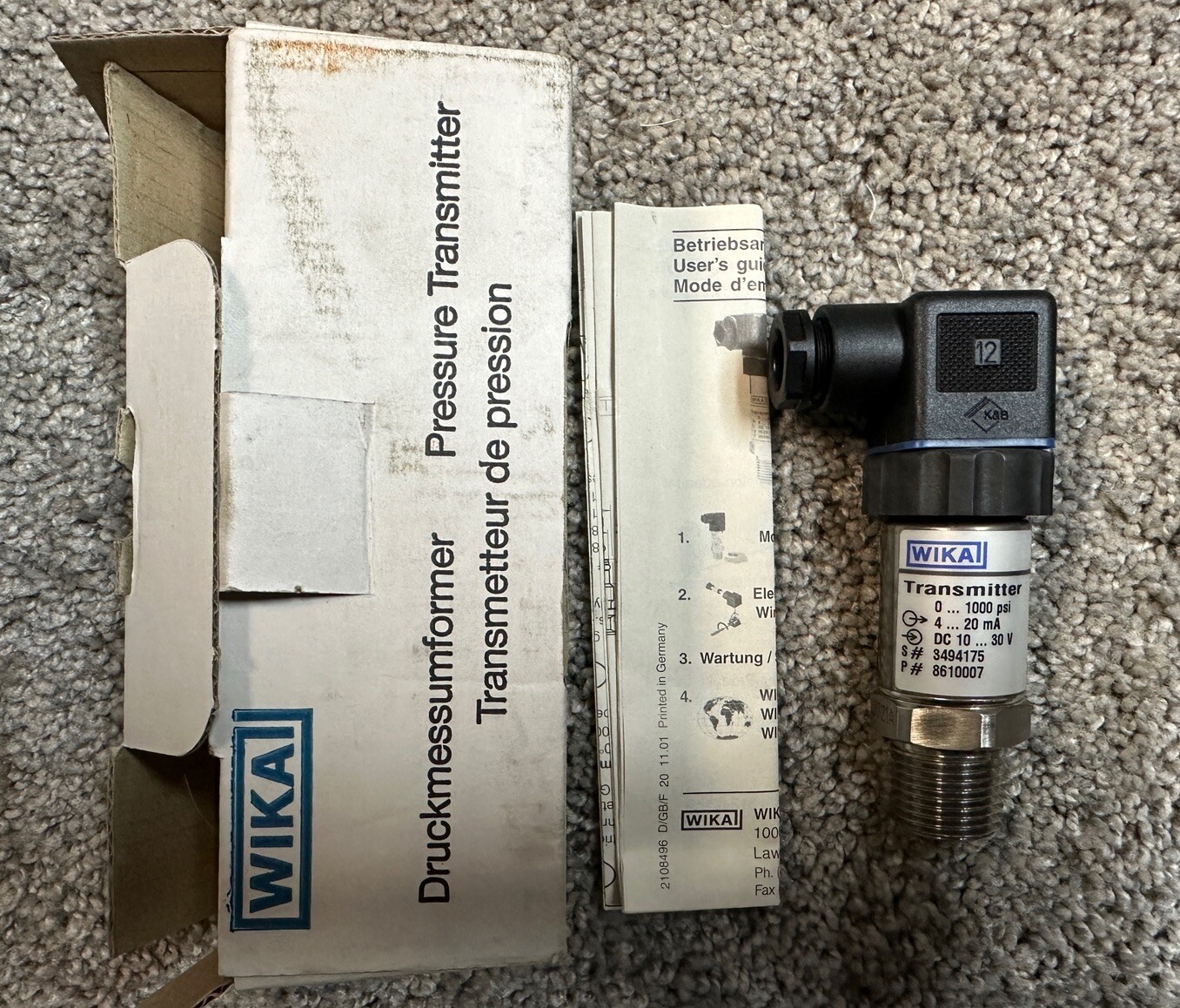 Wika S-10 Pressure Transmitter 0-1000 PSI 4-20mA 10-30VDC Wika S-10 Pressure Transmitter 0-1000 PSI 4-20mA 10-30VDC