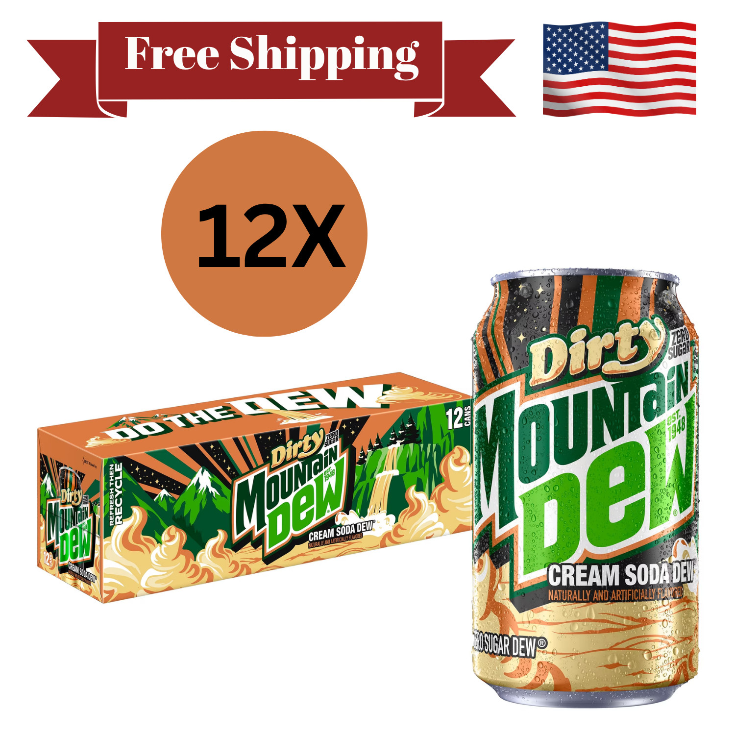 Mountain Dew Dirty Dew Cream Soda, Zero Sugar, 12 fl oz cans, 12 pack