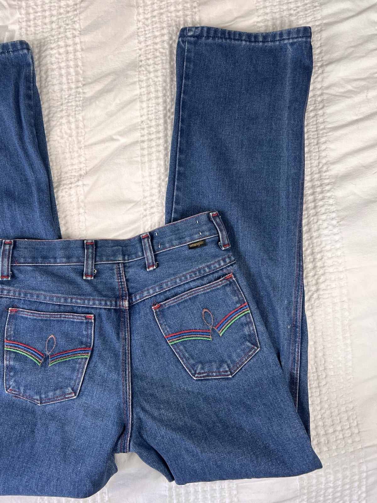 Vintage 1970s Wrangler Bootcut Denim Jeans Rainbow Embroidered Pocket high Rise Vintage 1970s Wrangler Bootcut Denim Jeans Rainbow Embroidered Pocket high Rise