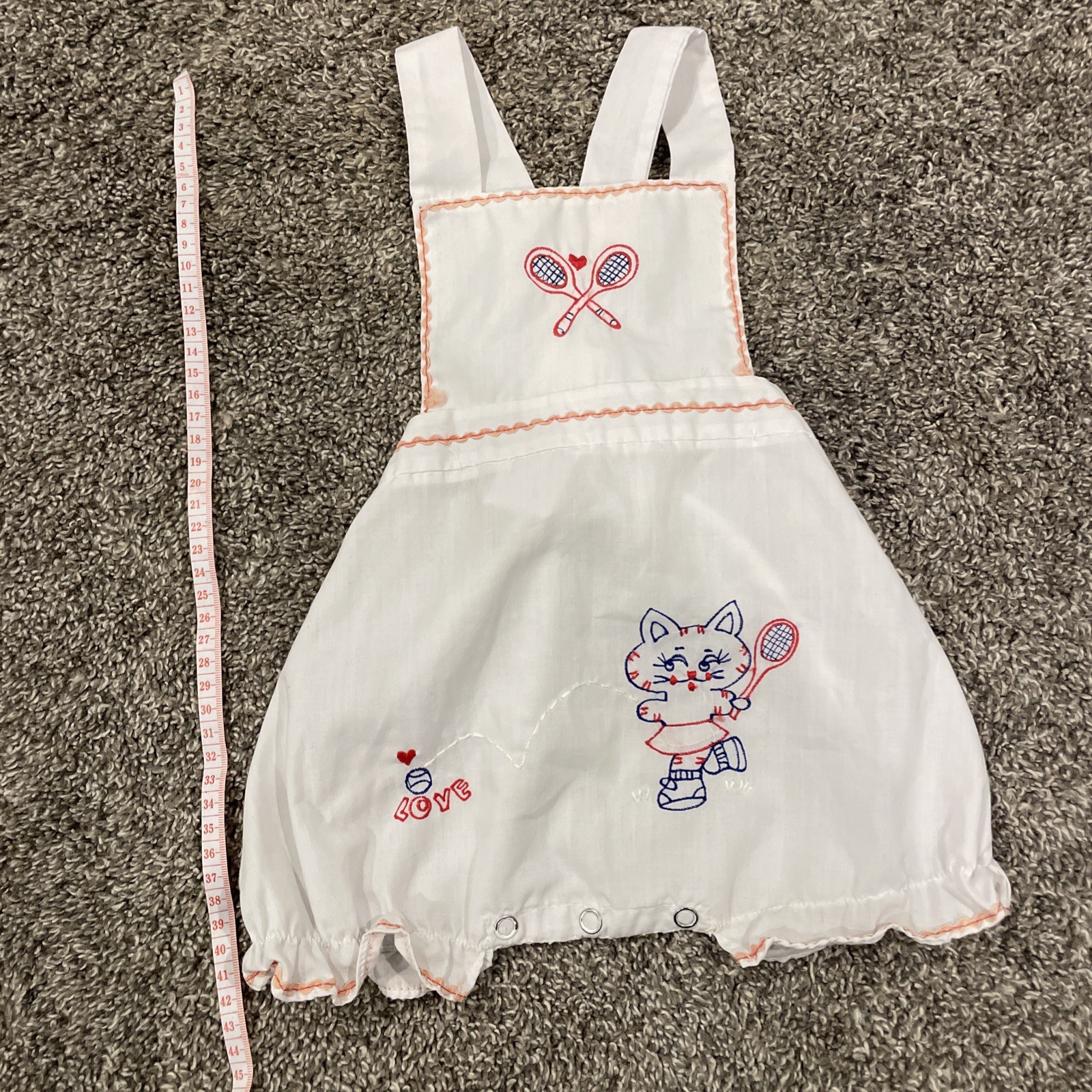 Vintage White Baby Overall Romper w/ Embroidered Cat Tennis Vintage White Baby Overall Romper w/ Embroidered Cat Tennis