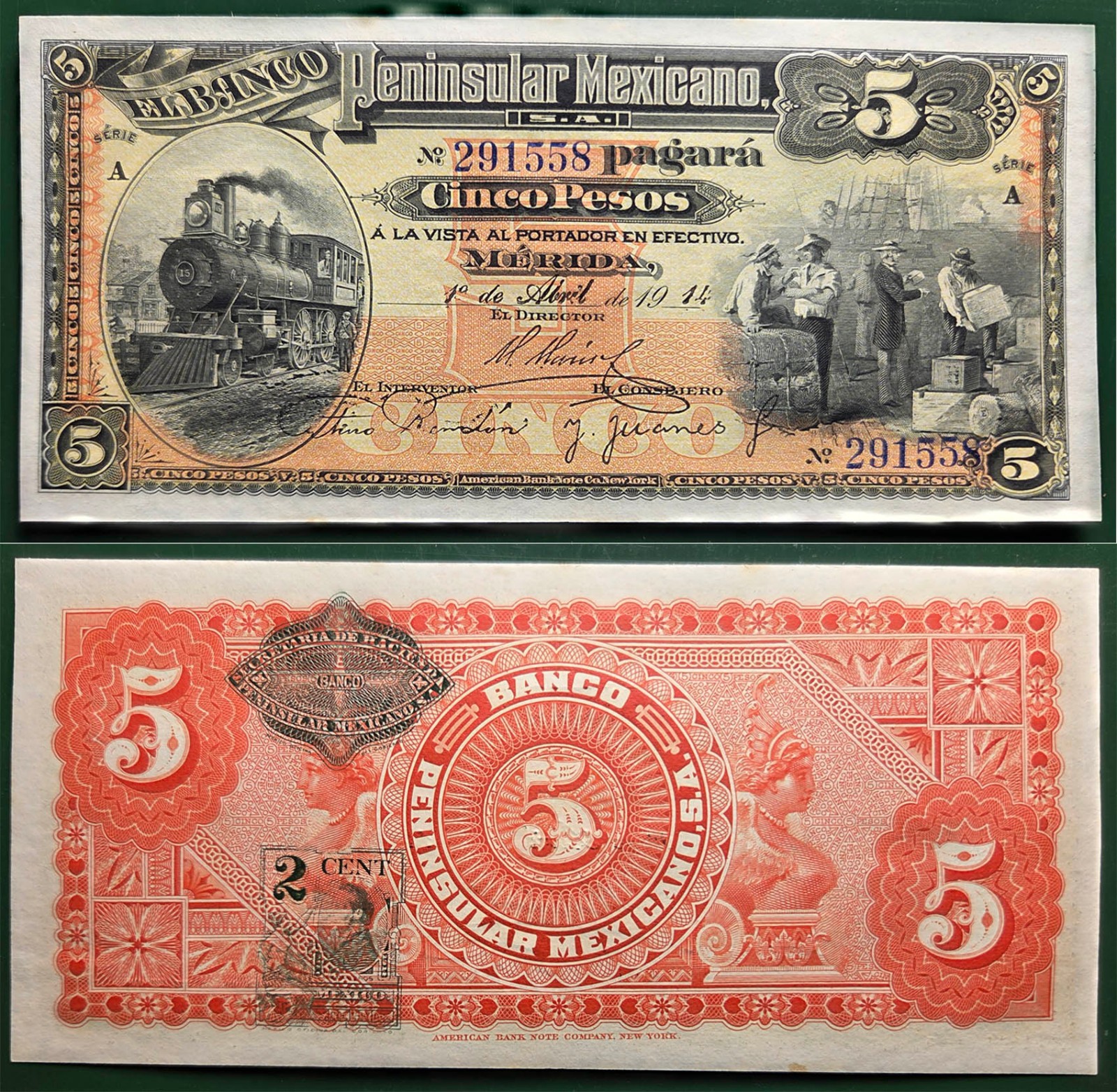 #2914 BANCO PENINSULAR MEXICANA (MERIDA) 5 PESOS - CHOICE UNC #2914 BANCO PENINSULAR MEXICANA (MERIDA) 5 PESOS - CHOICE UNC