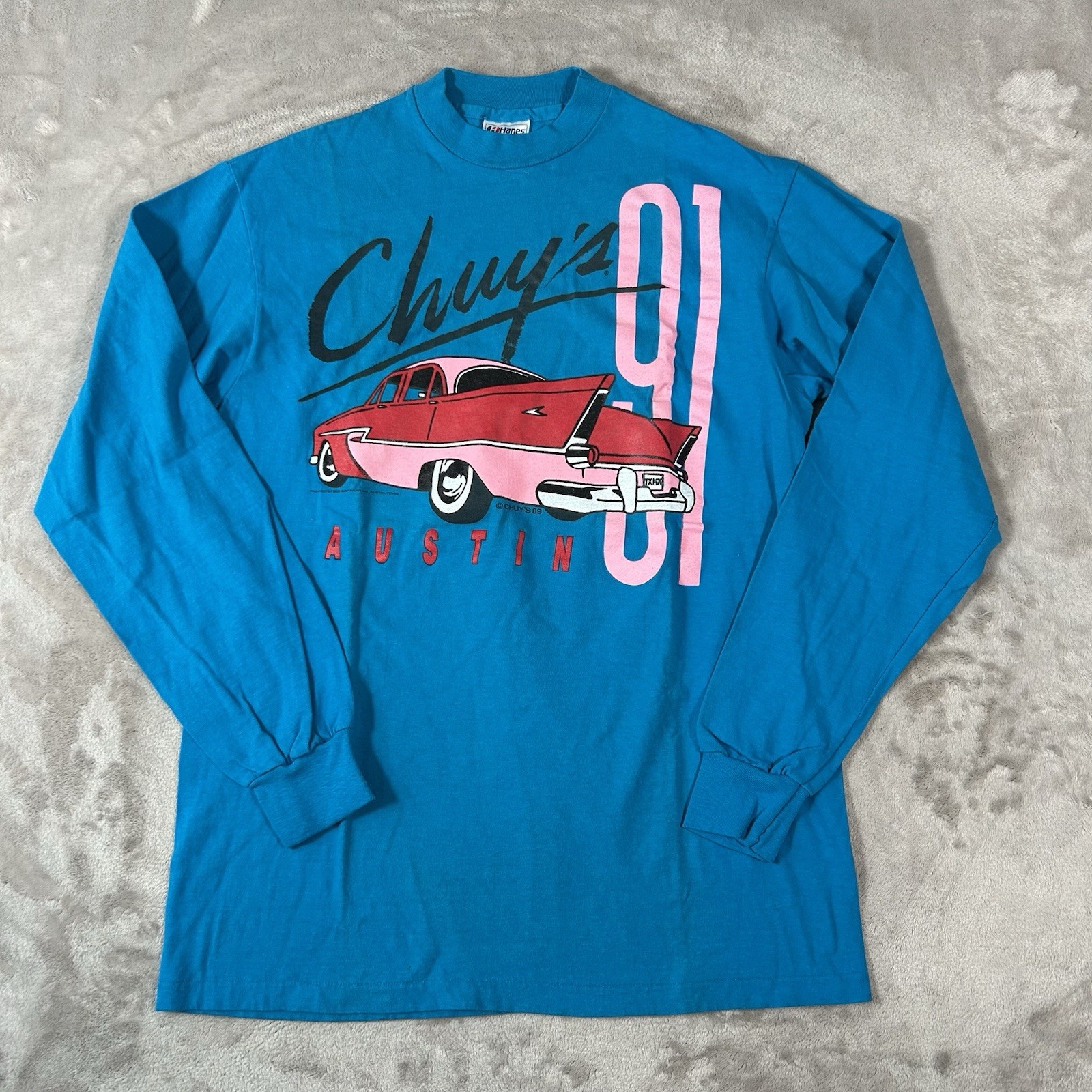 Vintage 1989 Chuy\'s Austin Texas Shirt L Single Stitch Car Graphic USA Made RARE