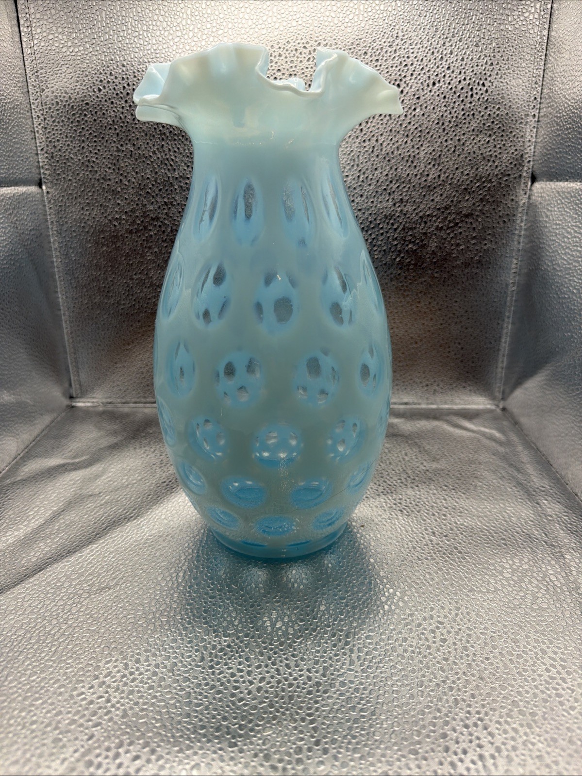 VTG Fenton Opalescent Blue Dot Optic 10 Inch Vase With Ruffled Top VTG Fenton Opalescent Blue Dot Optic 10 Inch Vase With Ruffled Top