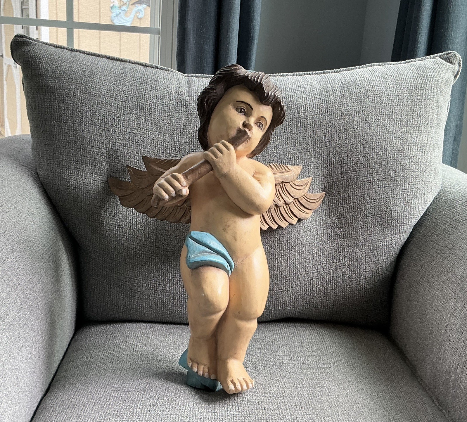Antique Hand Carved Painted Wood Large Angelic Cherub Putti Sculpture 18 Antique Hand Carved Painted Wood Large Angelic Cherub Putti Sculpture 18