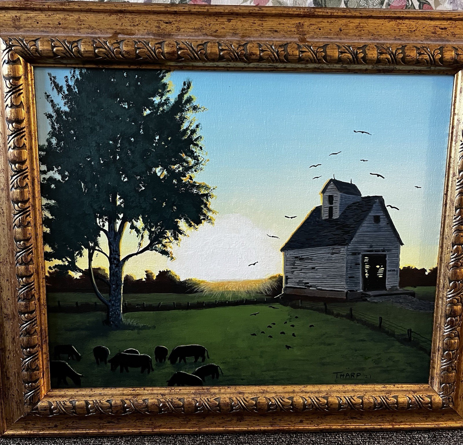 ORIGINAL ACRYLIC PAINTING/ FRAMED/SHED/TREE/Birds/Cattle, 20.5 X 17in ORIGINAL ACRYLIC PAINTING/ FRAMED/SHED/TREE/Birds/Cattle, 20.5 X 17in