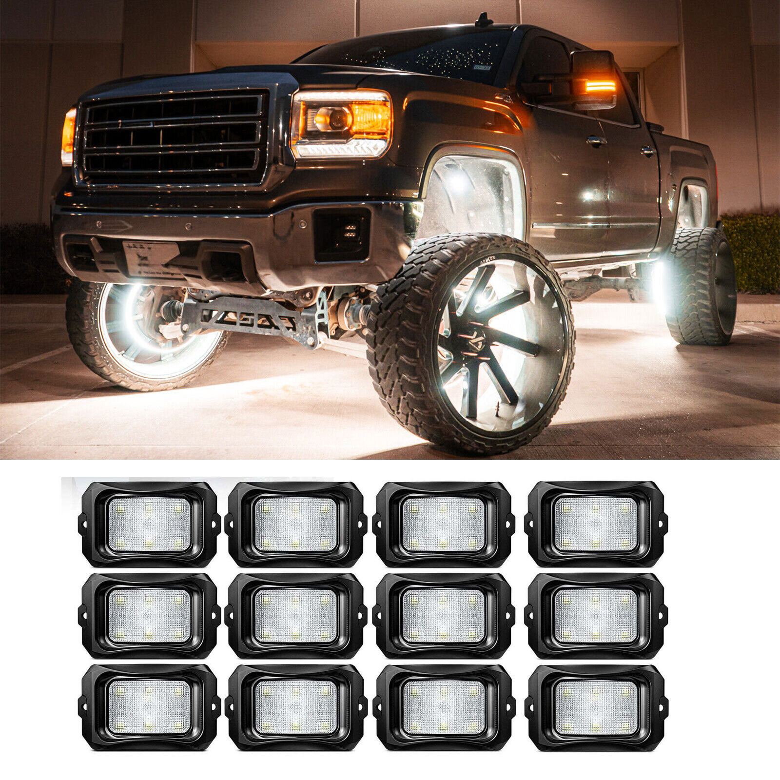 MICTUNING 12 Pods Pure White LED Rock Lights Truck Underglow Neon Kit Waterproof