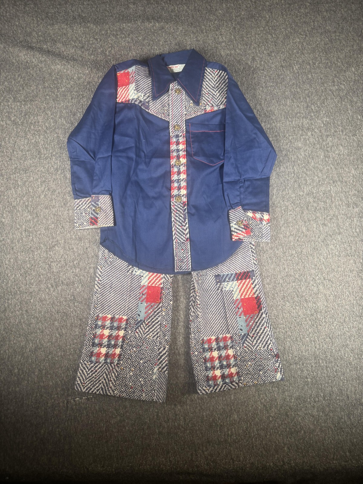 Vintage Healthtex Shirt Pants Set Boys 5 Blue Patchwork Western Bell Bottom 70s