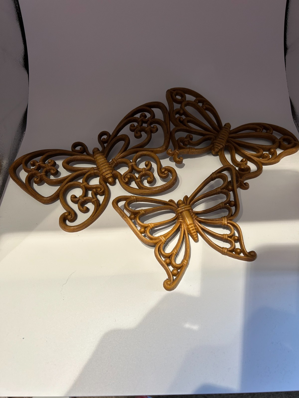 Vintage Butterfly Wall Hanging Decor Set Of 3 Homco 7537 Faux Wood Wicker Syroco