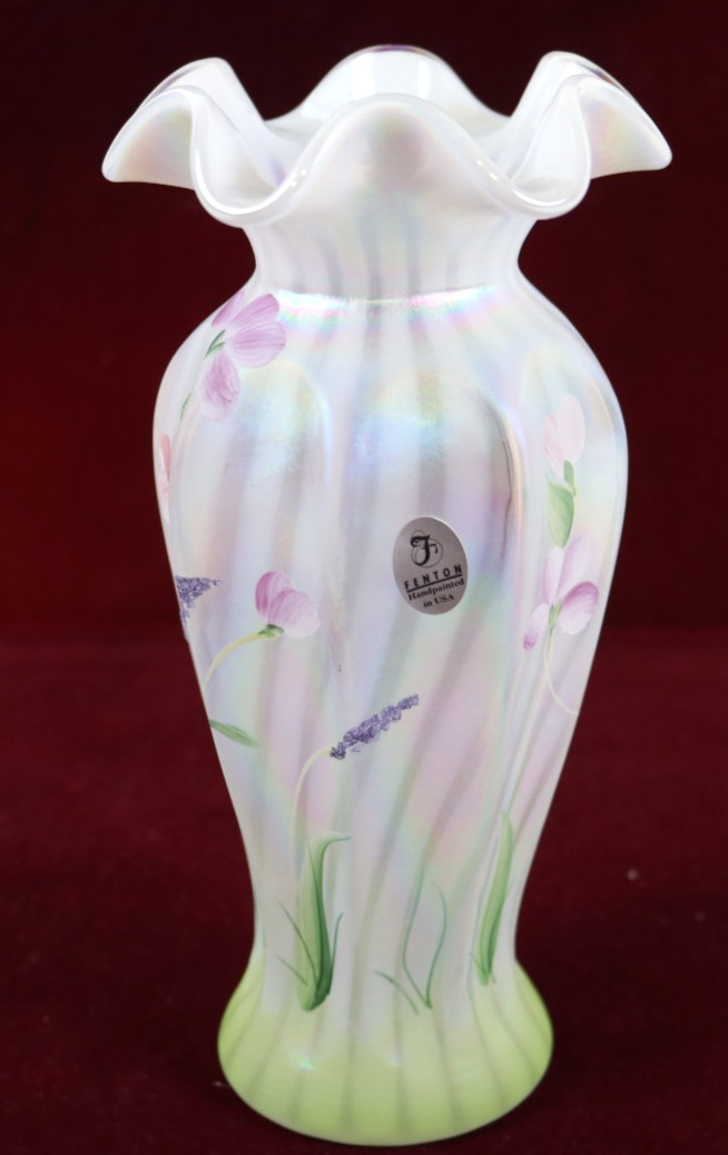 VTG Fenton White Glass  Vase Rose Garden Floral Hand Painted Signed Johnson