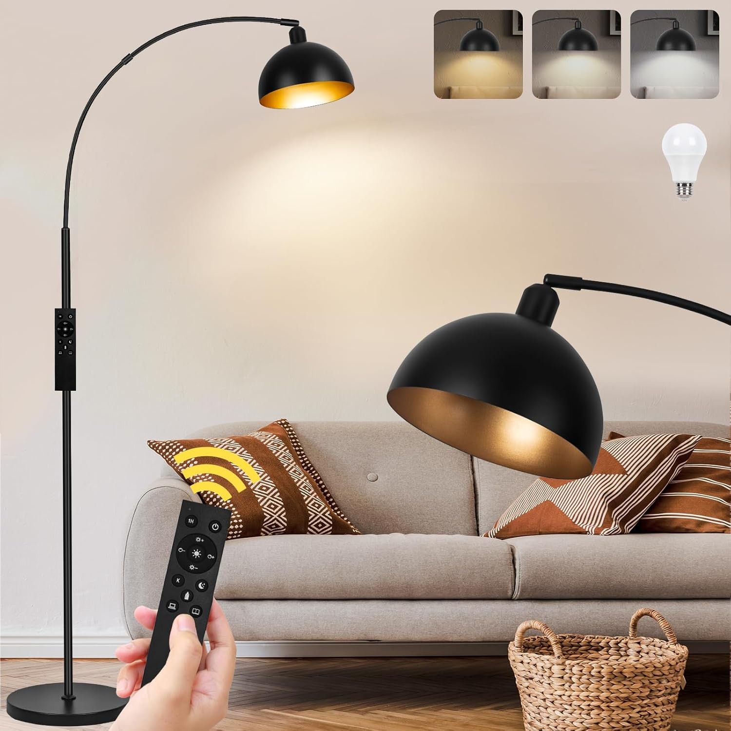 Black Dimmable Arch Floor Lamp Remote Adjustable Color Bedroom Reading Light