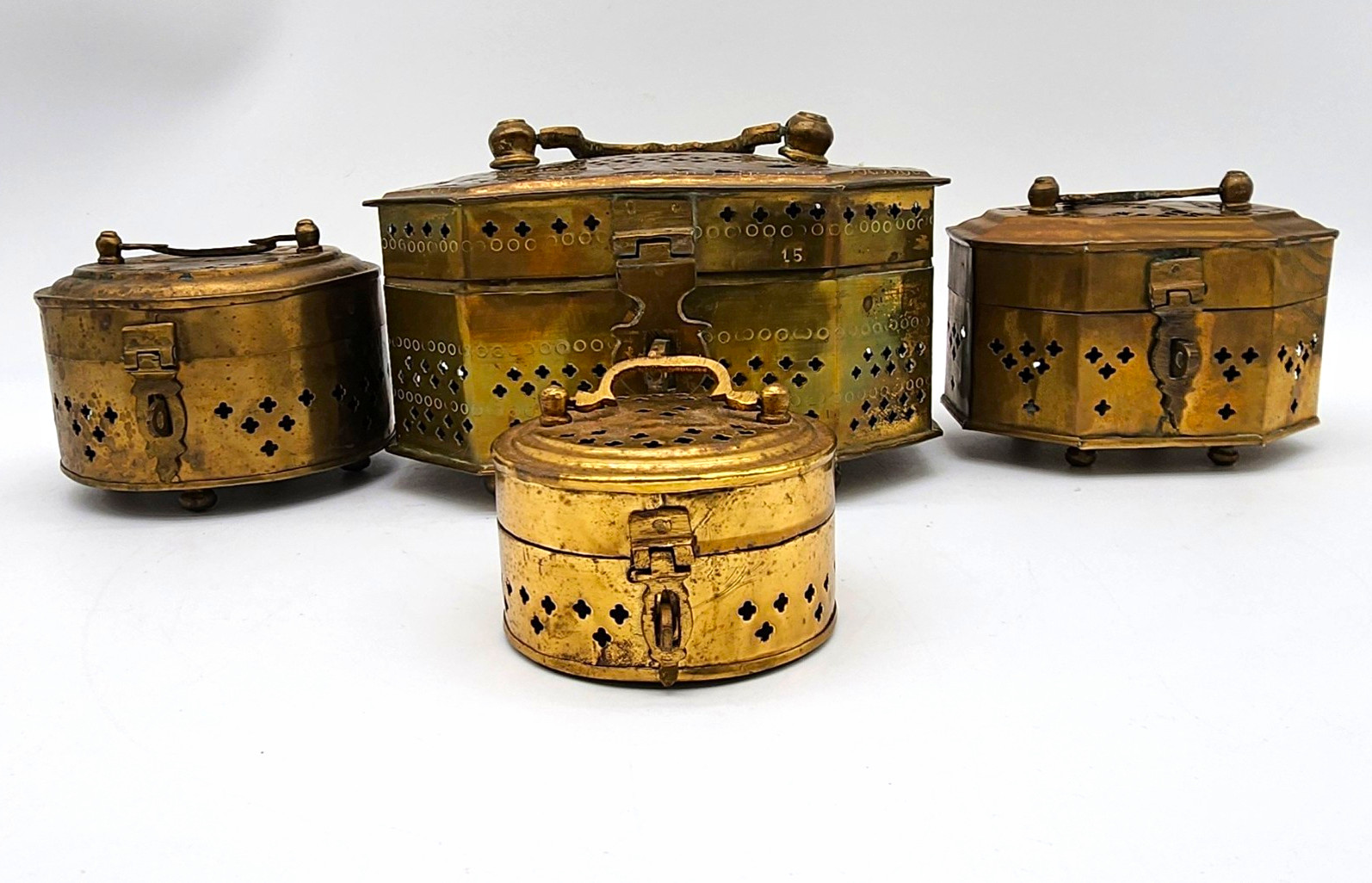 Lot 4 Vintage Indian Brass Cricket Boxes Pierced Bug Cages Handled Lidded India