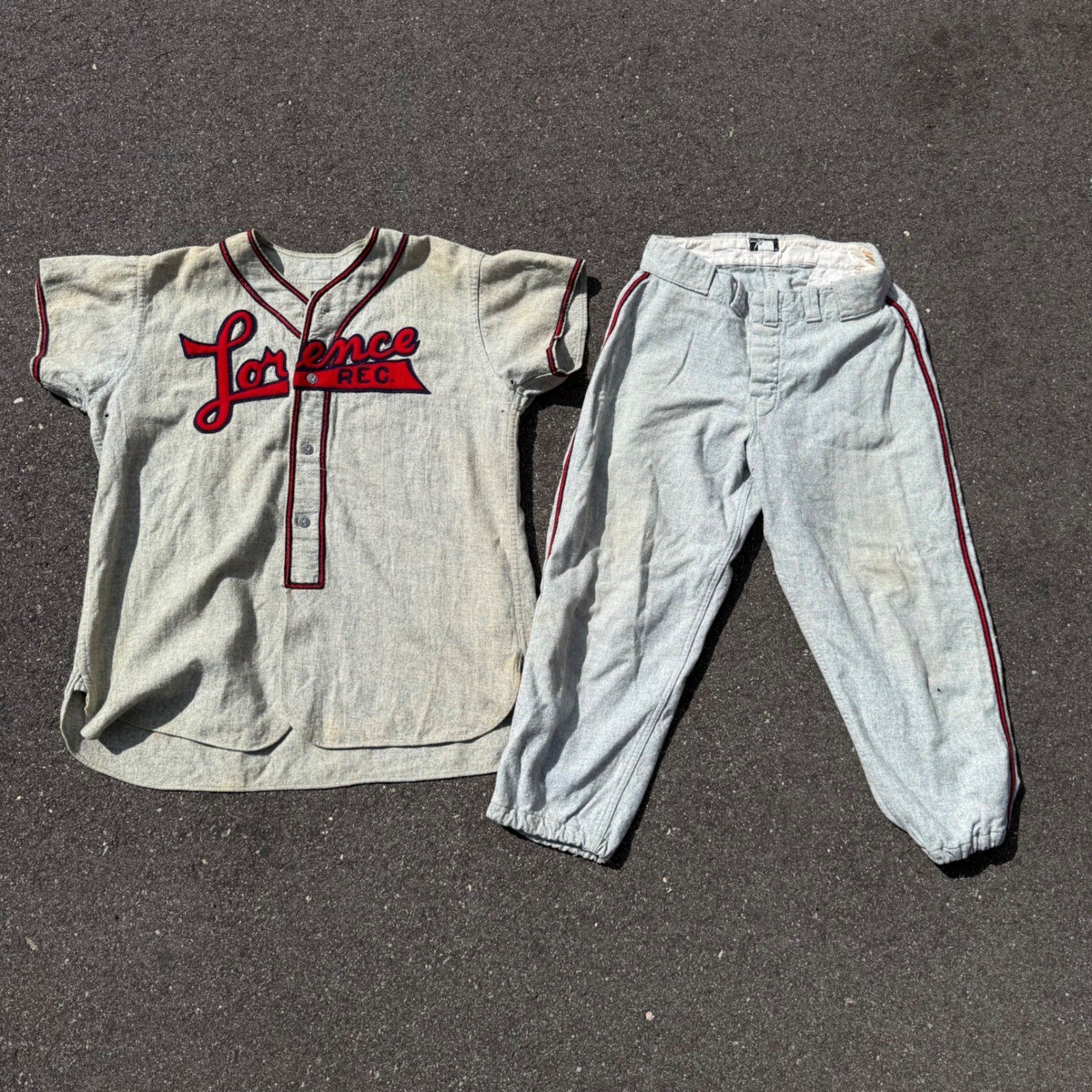 50s Vintage Powers Lorence Rec Baseball wool Uniform Jersey Pants Set Gray Red L