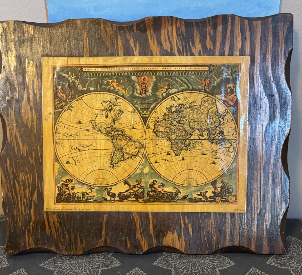 Vintage 1972 Donald Art Orbis Terrarum Nova Mythical Hemisphere Map On Wood Vintage 1972 Donald Art Orbis Terrarum Nova Mythical Hemisphere Map On Wood