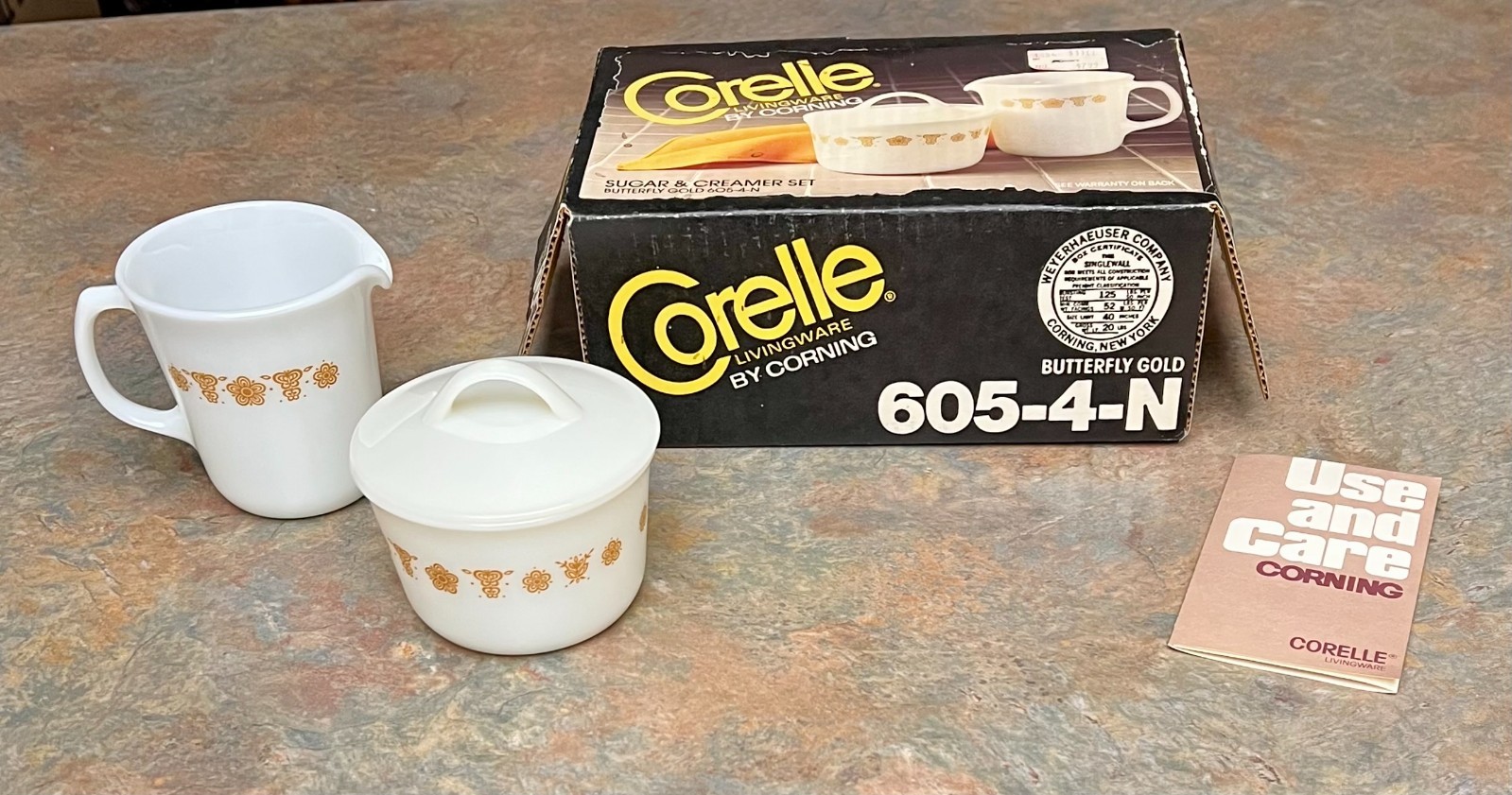 NEW - Corelle by Corning | Butterfly Gold | 605-4-N | Sugar Bowl w/Lid & Creamer NEW - Corelle by Corning | Butterfly Gold | 605-4-N | Sugar Bowl w/Lid & Creamer