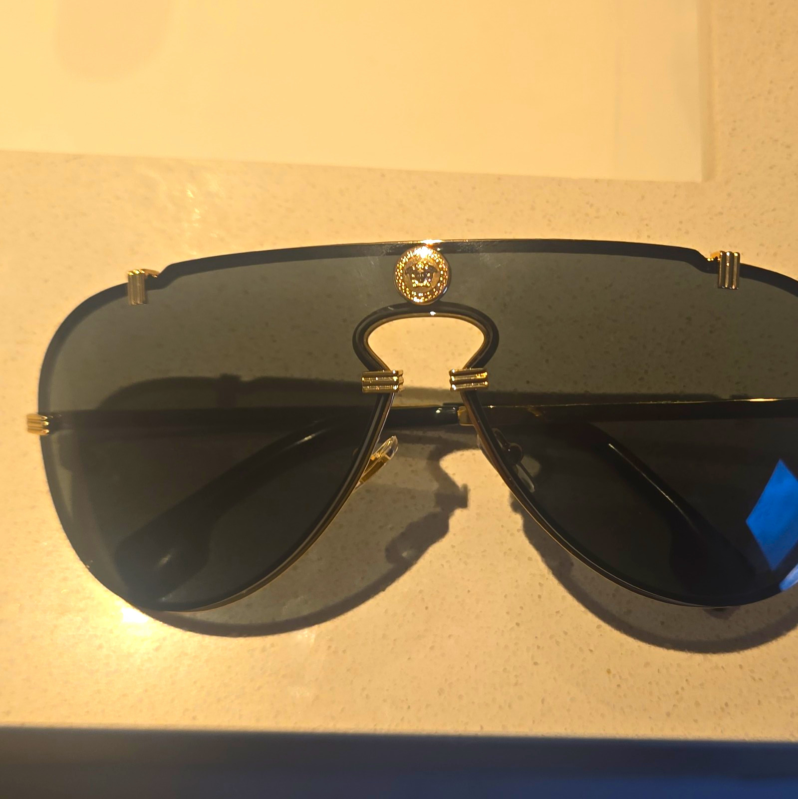 Versace Men\'s Aviator Sunglasses Gold Metal Frame Gray Tinted Plastic Lenses