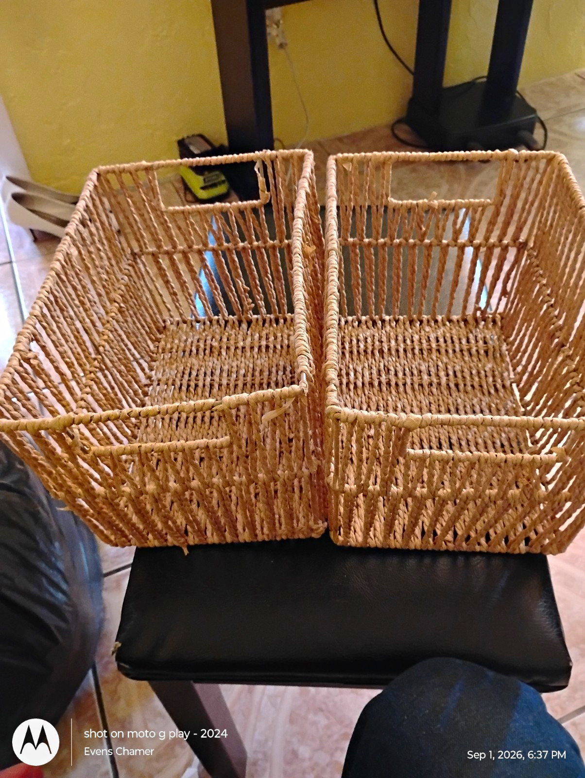 Set of 2 Rectangular Brown Wicker Woven Storage Baskets w/ Handles Metallic Set of 2 Rectangular Brown Wicker Woven Storage Baskets w/ Handles Metallic