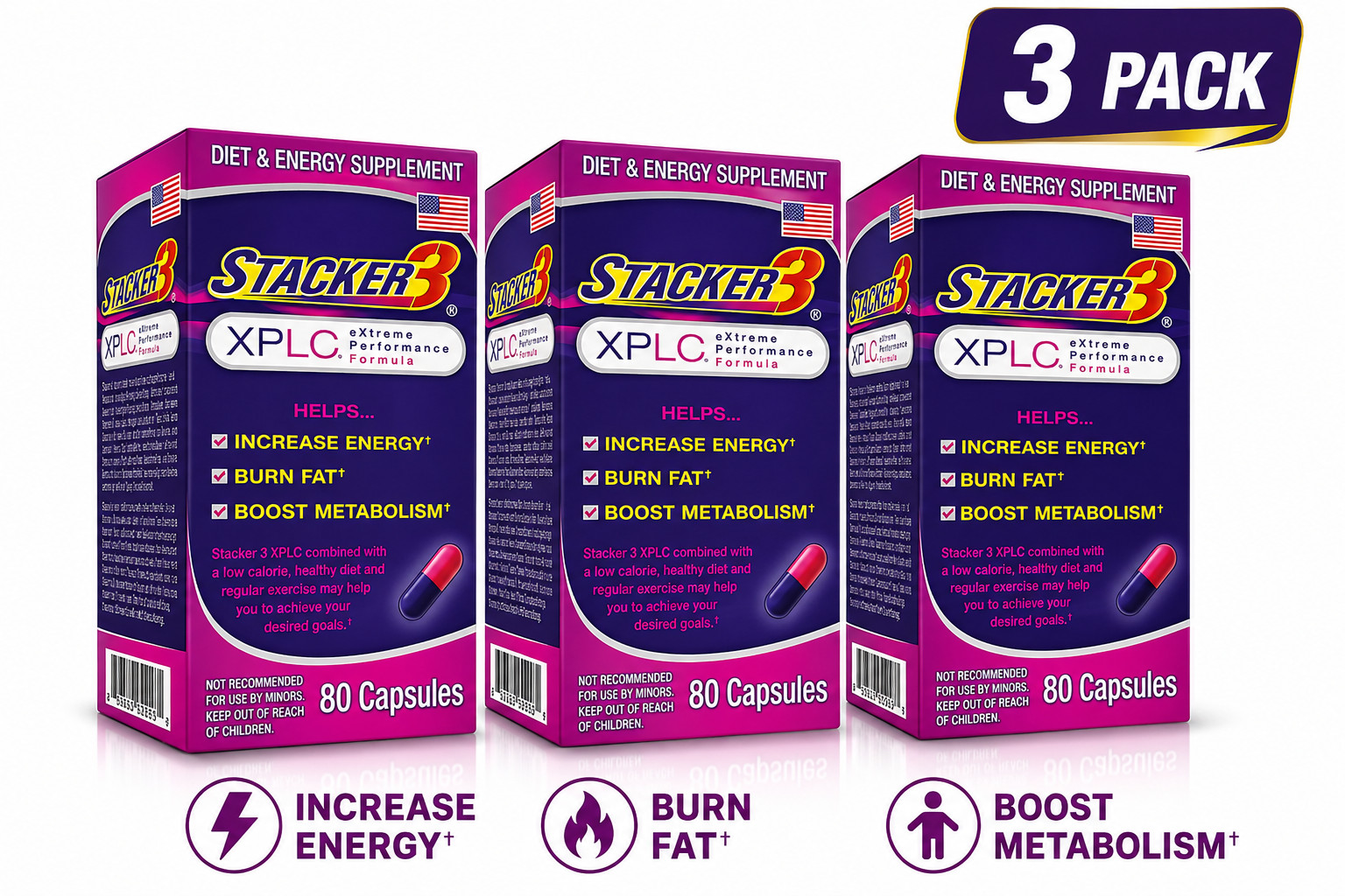 Stacker 3 XPLC 80 Capsules/Bottle (Lot of 3X Bottles) =240 Capsules Stacker 3 XPLC 80 Capsules/Bottle (Lot of 3X Bottles) =240 Capsules