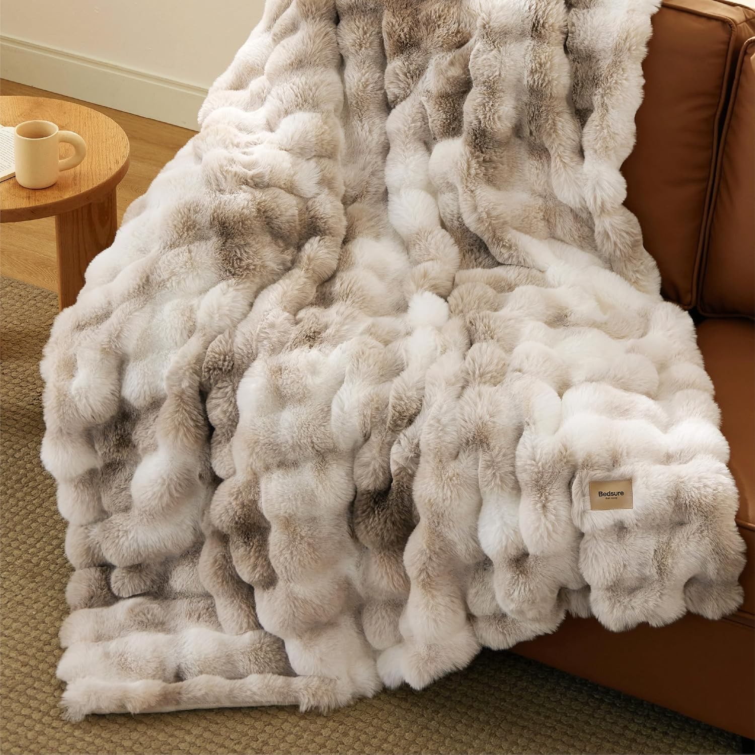 Faux Fur Throw Blanket XL 50x70 Tie Dye Taupe Bubble Fluffy Faux Fur Blanket