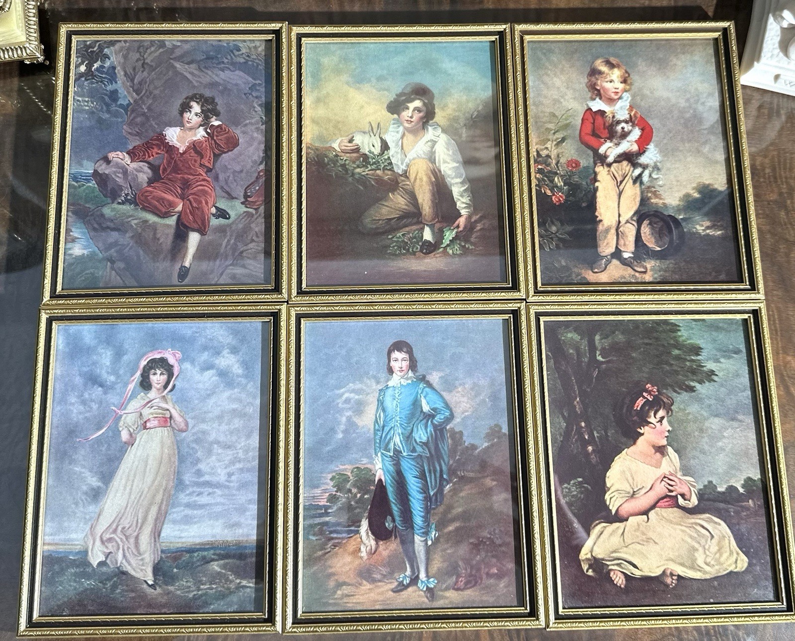 Antique Miniature French Framed Chromolithograph Set 6, Blue Boy, Miss Pinkie