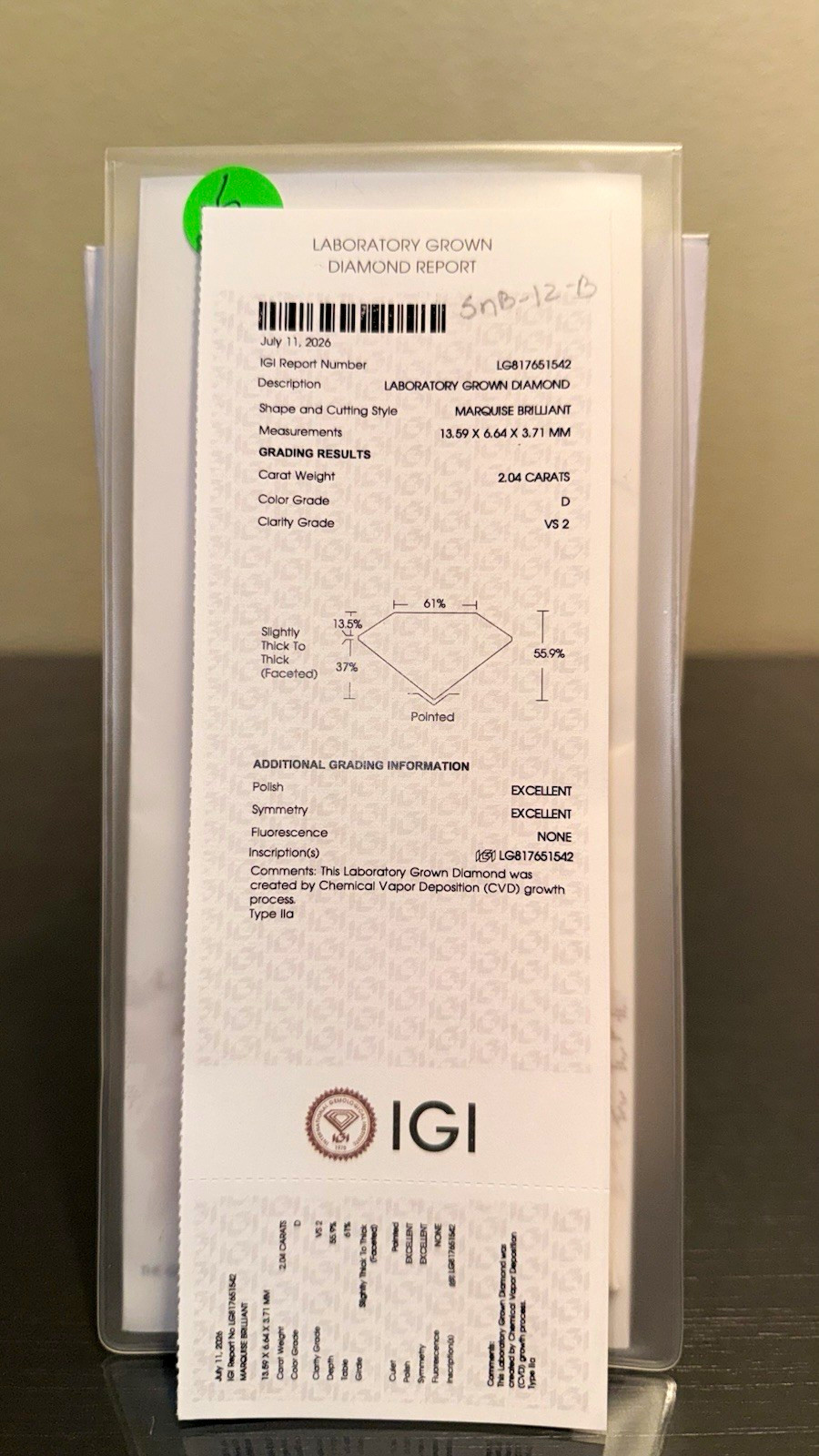 IGI Certified Lab-Grown Marquise Diamond 2.04ct D VS2 13.59x6.64x3.71mm IGI Certified Lab-Grown Marquise Diamond 2.04ct D VS2 13.59x6.64x3.71mm