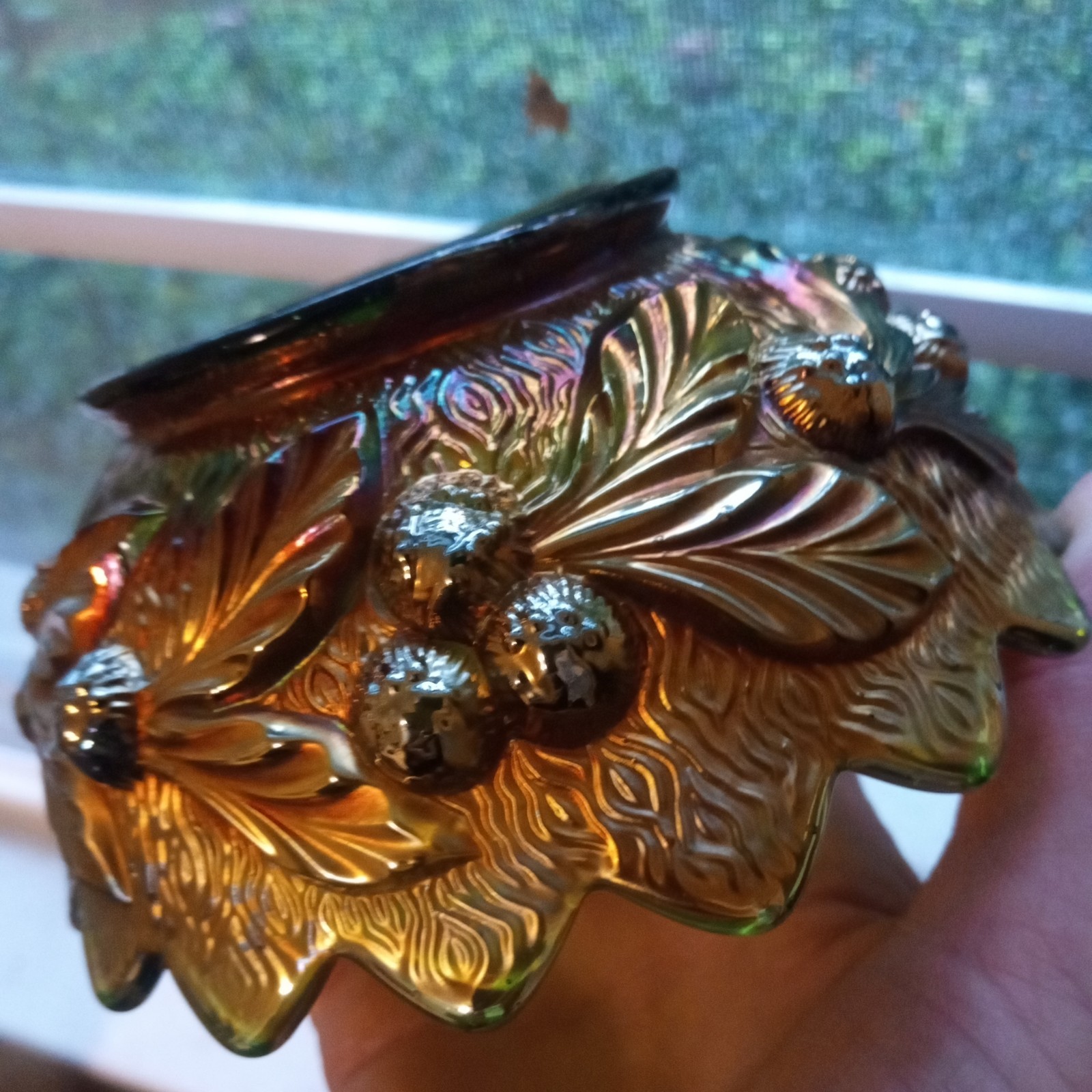 Northwood Green Carnival Glass Acorn Burrs Berry Bowl Northwood Green Carnival Glass Acorn Burrs Berry Bowl