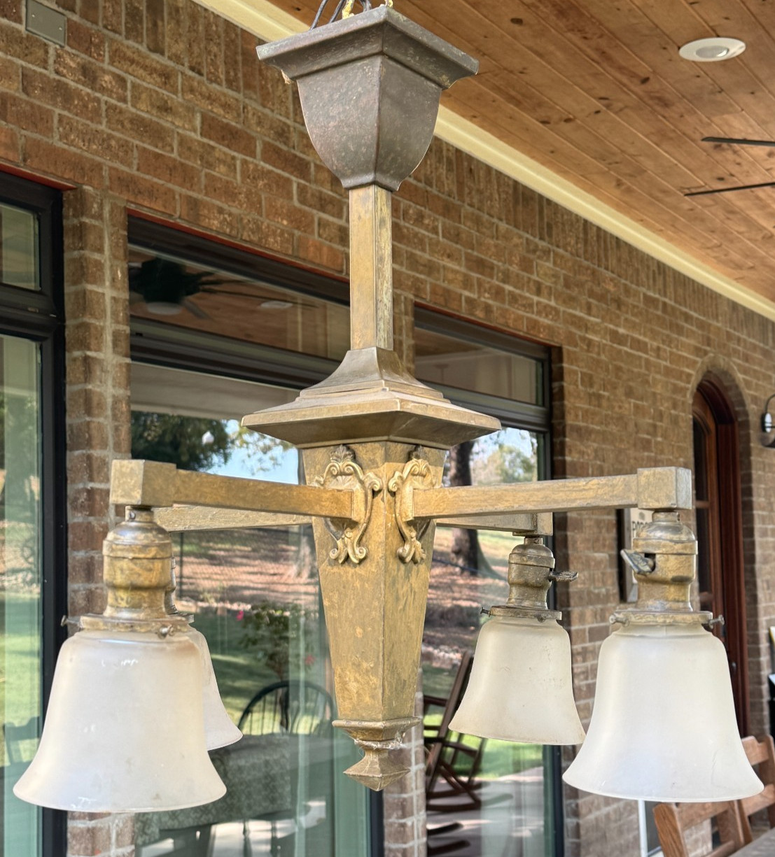 Vintage Mission Arts & Crafts Brass Chandelier ~ Antique 4 Shade Light Fixture Vintage Mission Arts & Crafts Brass Chandelier ~ Antique 4 Shade Light Fixture