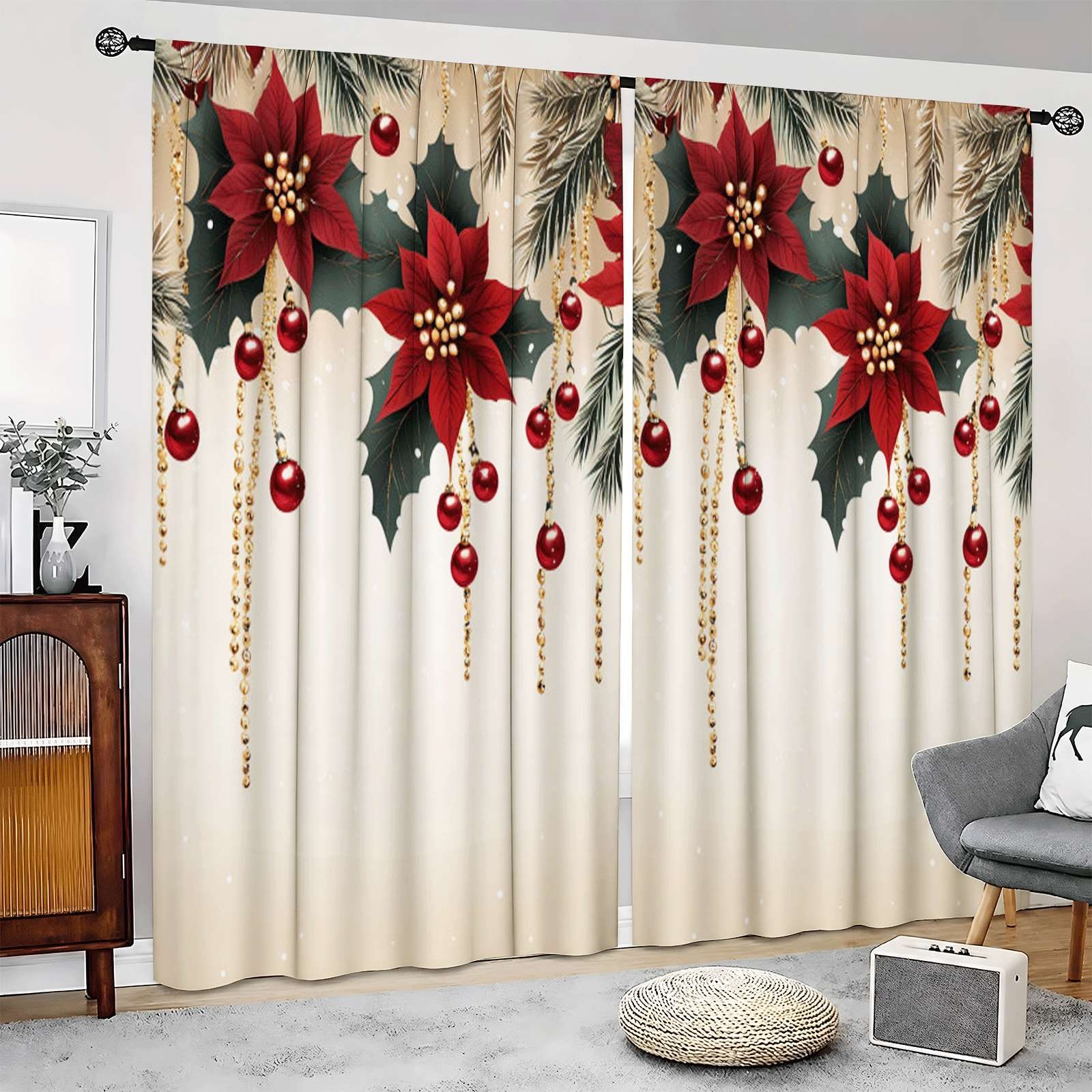 Christmas Poinsettia Baubles Curtains Thermal Insulated Drapes for Home Decor