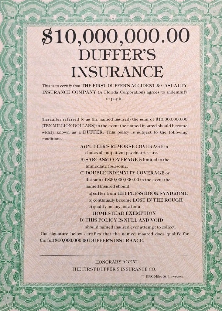 VTG MIKE ST. LAWRENCE DUFFERS INSURANCE POLICY Blank Novelty Lot Of 4 RARE VTG MIKE ST. LAWRENCE DUFFERS INSURANCE POLICY Blank Novelty Lot Of 4 RARE