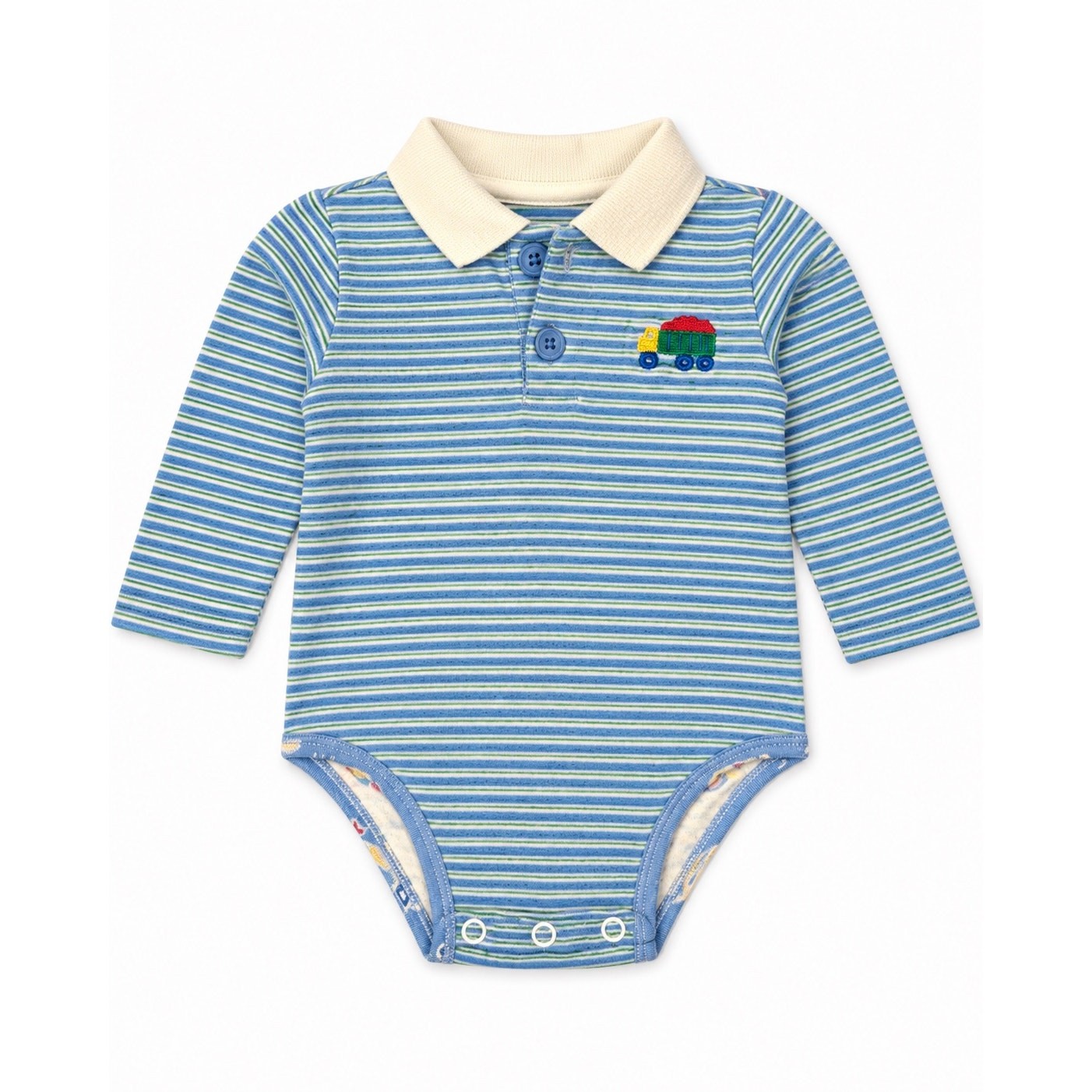 Vintage striped polo bodysuit with embroidered truck detail