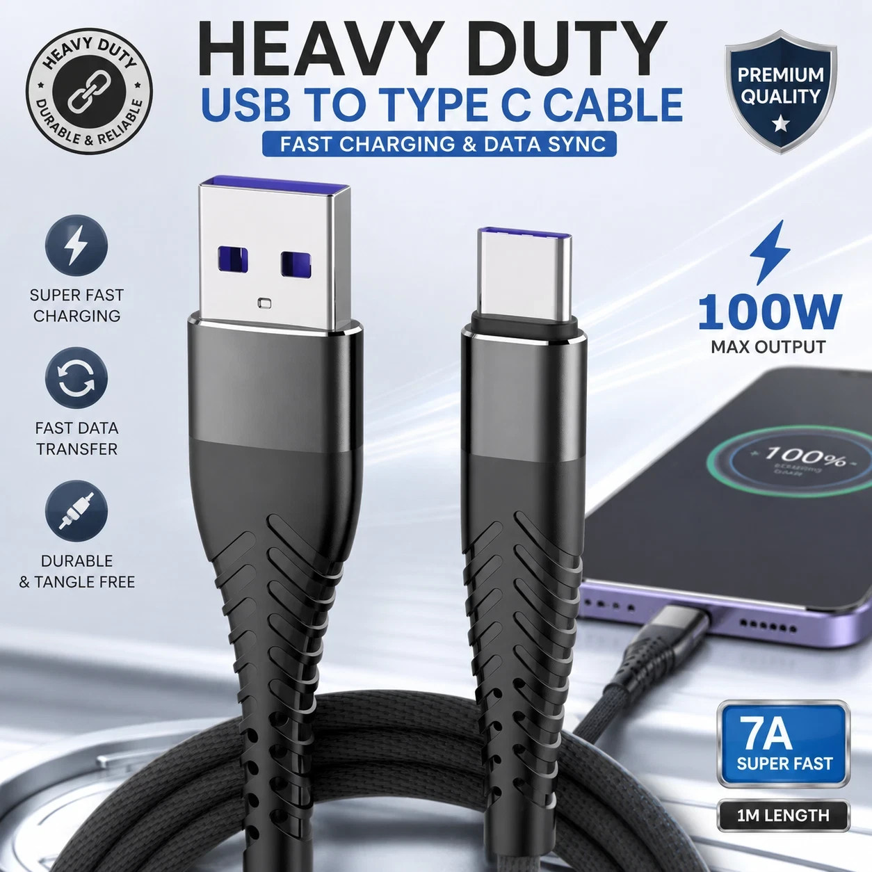 1PCS New Black USB C Type-C Data Cable Fast Charging Sync Charger 1M/3.28FT