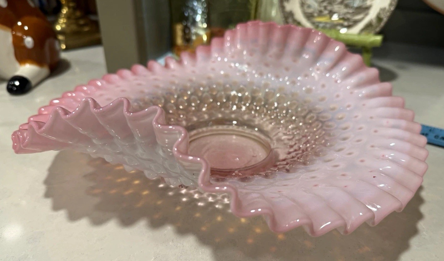 Vintage Fenton Cranberry Pink Opalescent Hobnail Ruffled Bowl 12” Large
