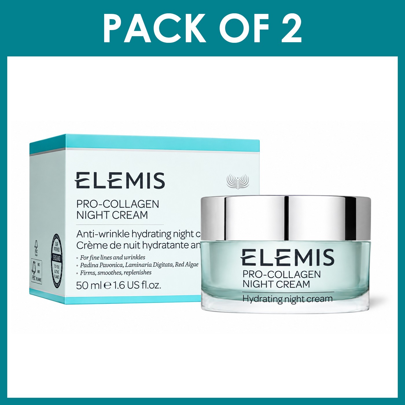 Pack of 2 - ELEMIS Pro-Collagen Anti-Wrinkle Night Cream 50ml / 1.6 fl oz - New