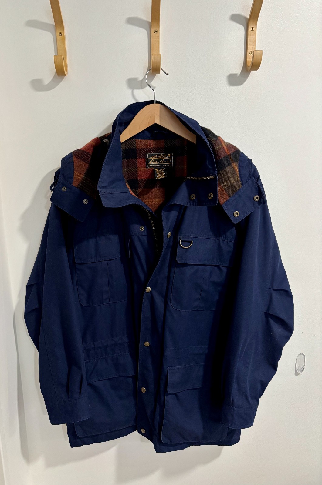 Vintage 90s Eddie Bauer Blue Plaid Wool Lined Hooded Mountain Parka Medium Navy