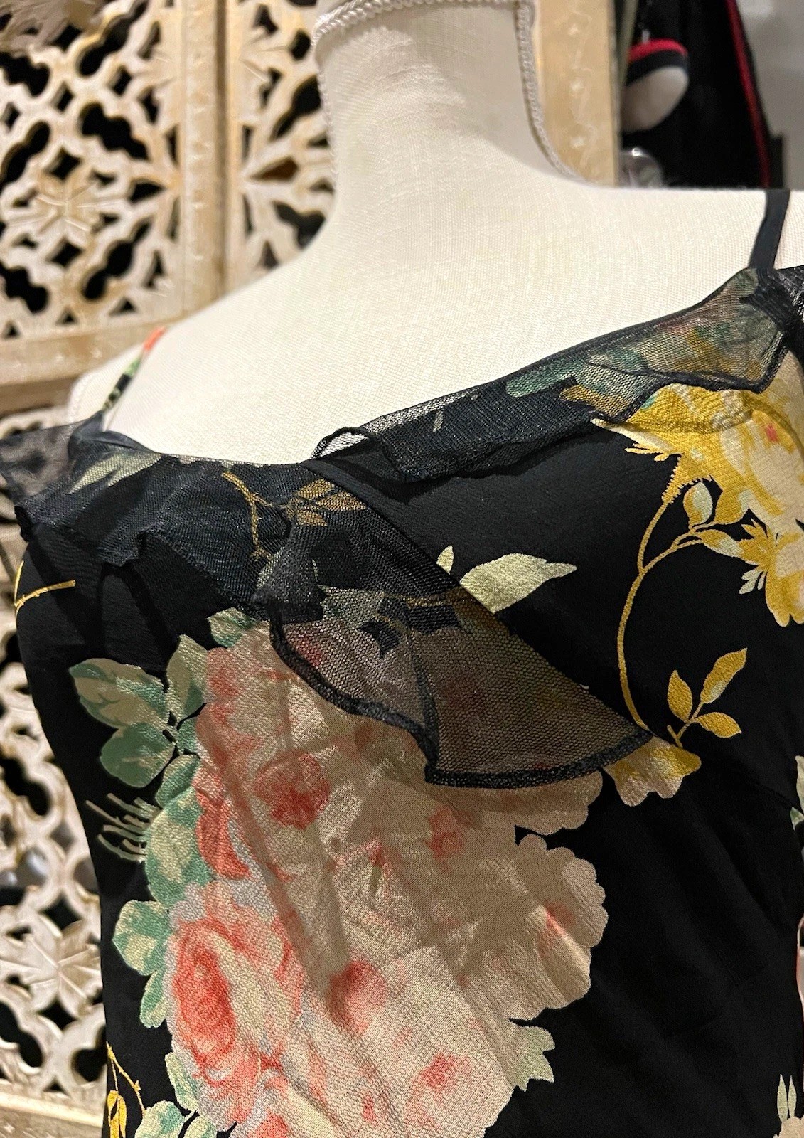 Vintage Y2K Grunge Betsey Johnson Petite Chiffon Black Floral Slip Dress V-Neck