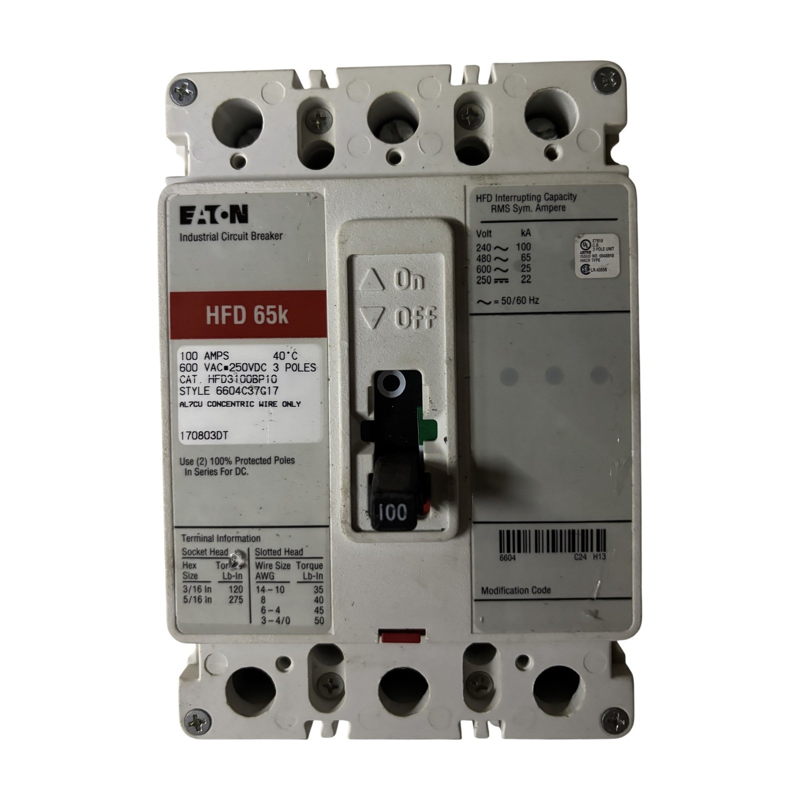 Eaton HFD3100BP10 100A 3-Pole 600V Industrial Circuit Breaker HFD 65k
