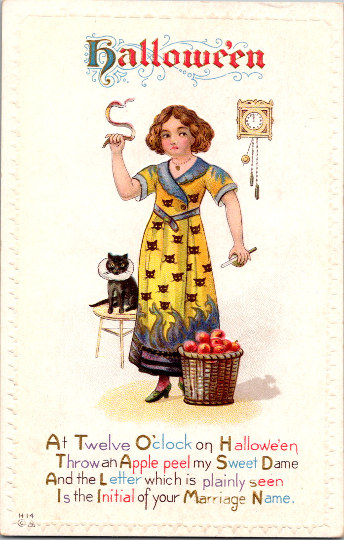 Antique Postcard ~At 12 O\'clock on Halloween throw Apple Peel  ~Nash H-14