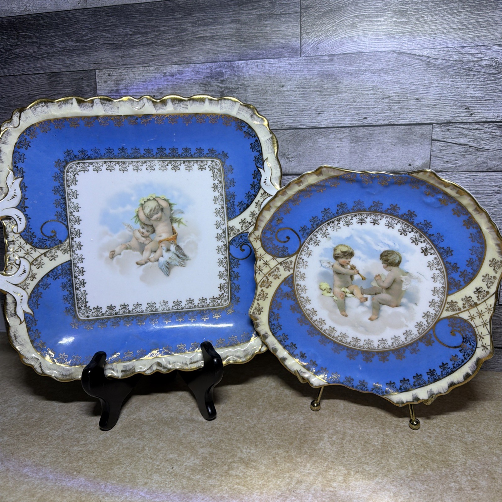 Antique Royal Bavarian Germany Porcelain Plate Tray Set Bleu Celeste Cherub
