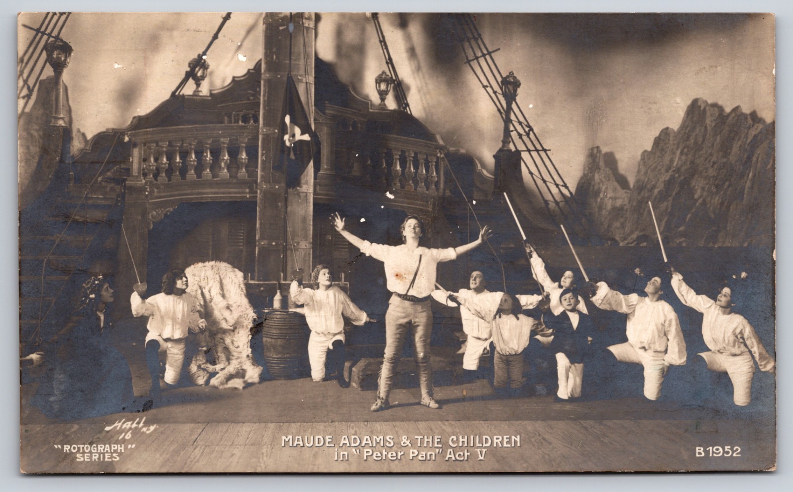 Maude Adams & Children In Peter Pan Act V Pirate Ship Scene Rotograph Postcard
