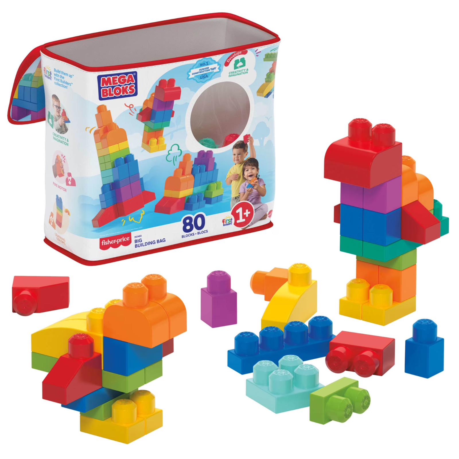 MEGA BLOKS Fisher-Price Toy Blocks Blue Big Building Bag with Storage -80 Pieces