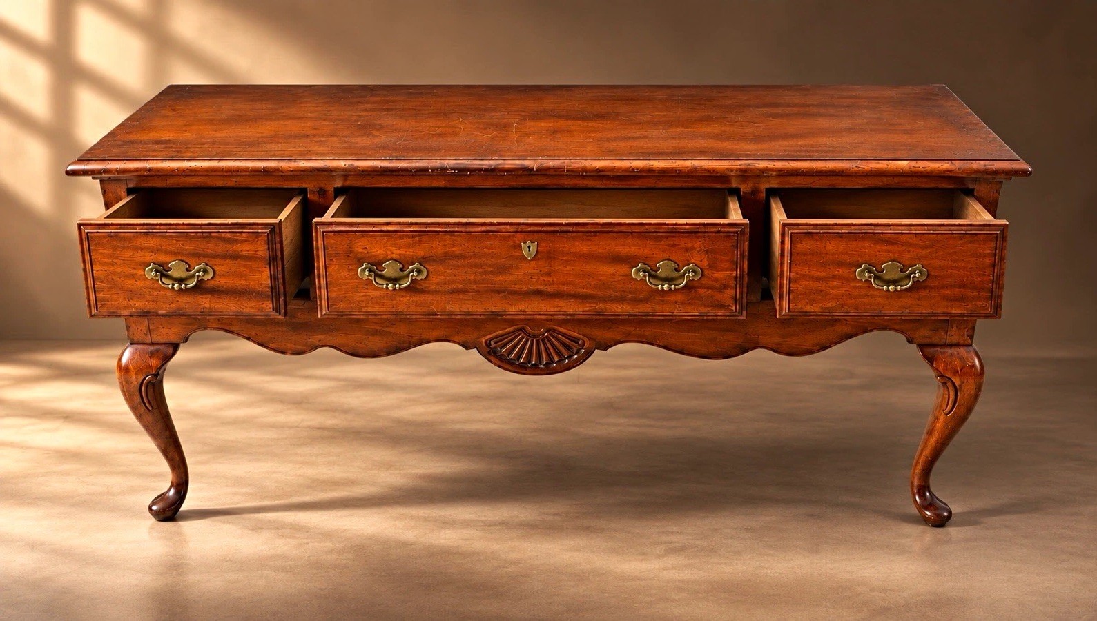 Oak Buffet Table Brown Medium Tone, 3 Drawers, Bail Pull Handles, Storage Oak Buffet Table Brown Medium Tone, 3 Drawers, Bail Pull Handles, Storage
