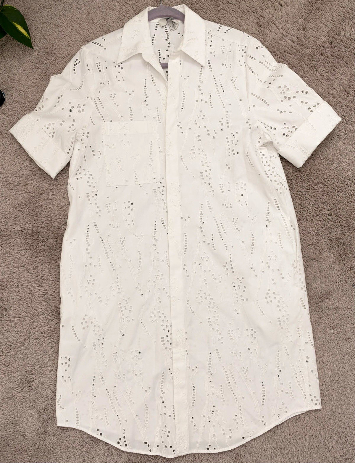COS Women\'s White Eyelet Cotton Collared Short Sleeve Button-Up Shirt Dress 6
