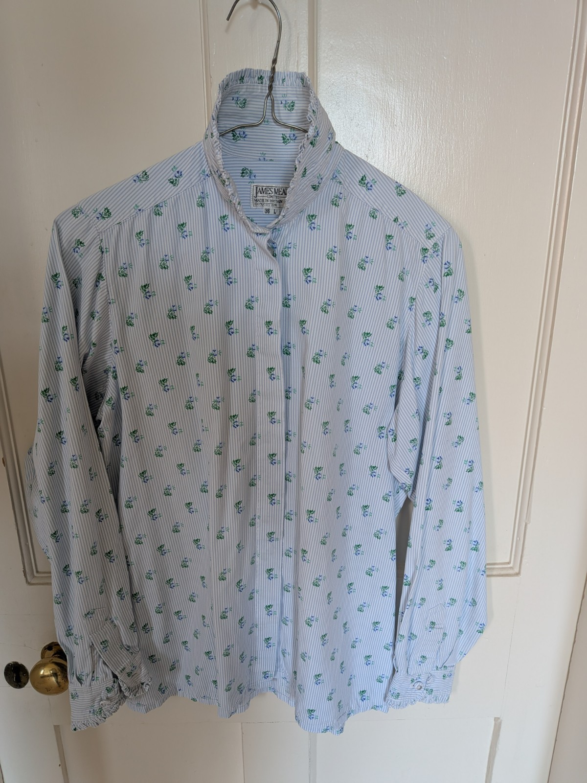 Vintage James Meade Cotton Striped Floral Ruffle Shirt Blouse Made in Britain