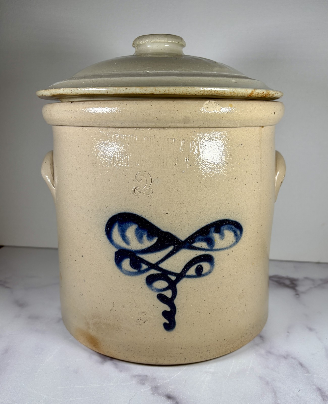 Antique 2-Gallon Haxstun Ottman & Co Stoneware Crock + Lid Cobalt Bee Sting 1870 Antique 2-Gallon Haxstun Ottman & Co Stoneware Crock + Lid Cobalt Bee Sting 1870