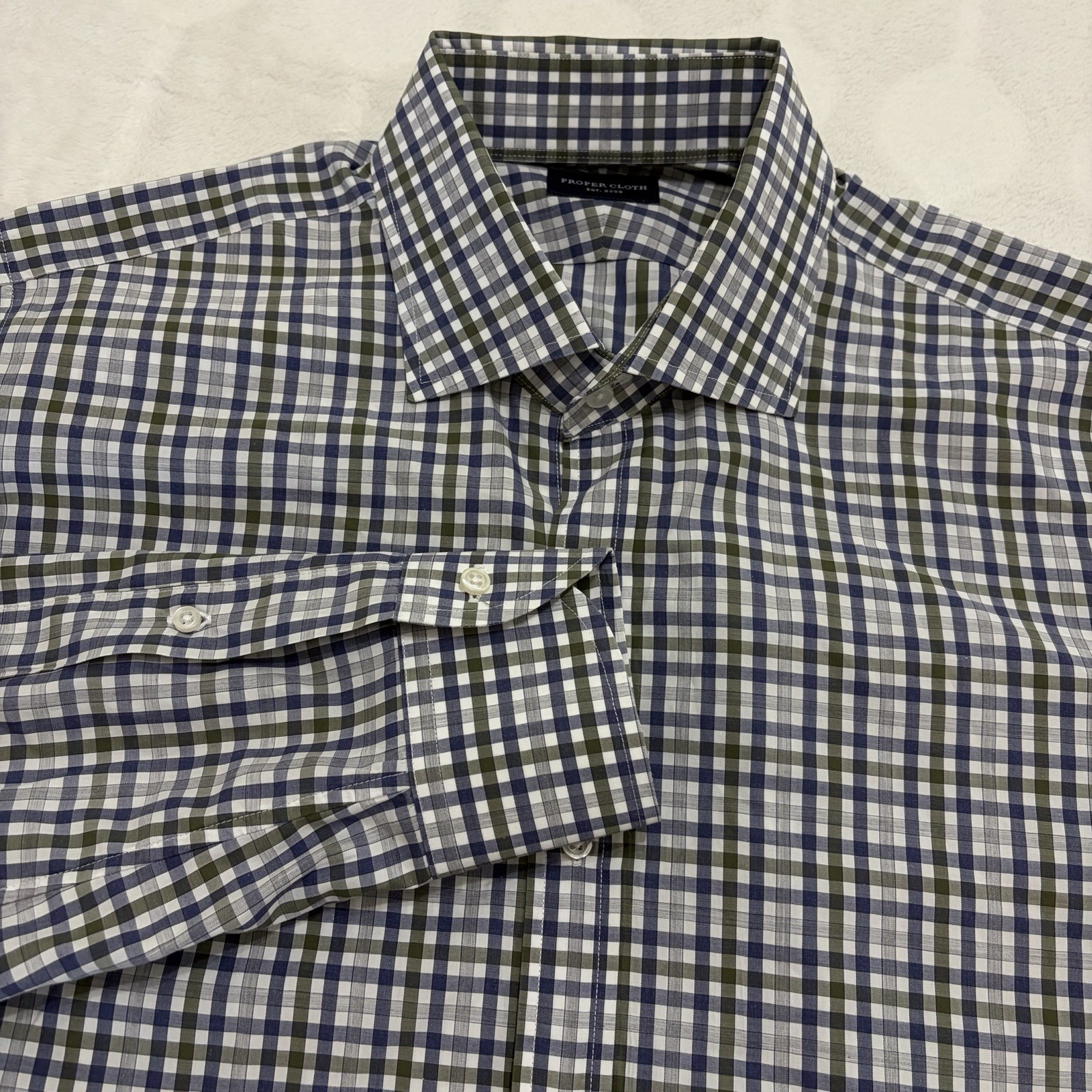 Proper Cloth Button Up Dress Shirt Mens XL Green Blue Check Spread Collar Cotton Proper Cloth Button Up Dress Shirt Mens XL Green Blue Check Spread Collar Cotton
