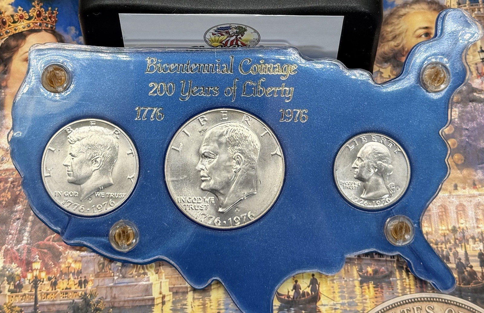 1776-1976 U.S. Bicentennial Silver BU 3-Coin Set in a Vintage US Map Holder 1776-1976 U.S. Bicentennial Silver BU 3-Coin Set in a Vintage US Map Holder