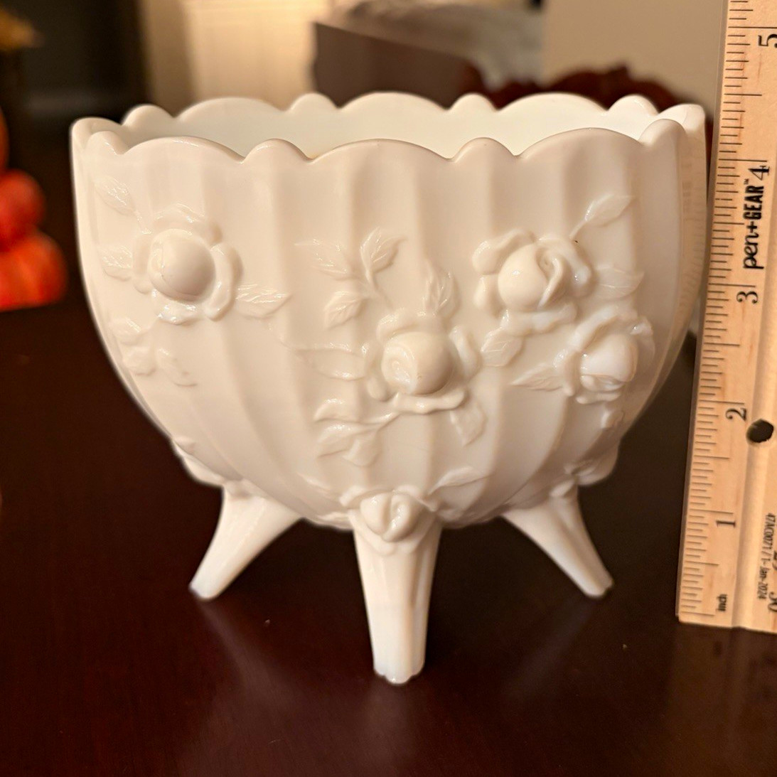 RARE - Vintage Fenton Cabbage Rose Oval Milk Glass Footed Bowl / Vase, Beautiful RARE - Vintage Fenton Cabbage Rose Oval Milk Glass Footed Bowl / Vase, Beautiful