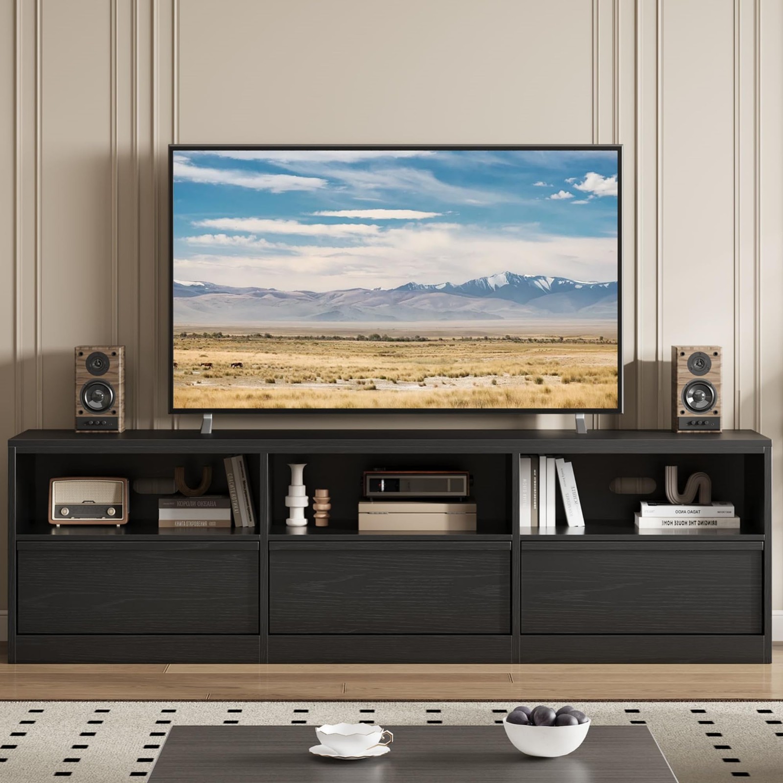70 Inch TV Stand for 85 Inch TVs Media Console with Drawer and Open Shelves